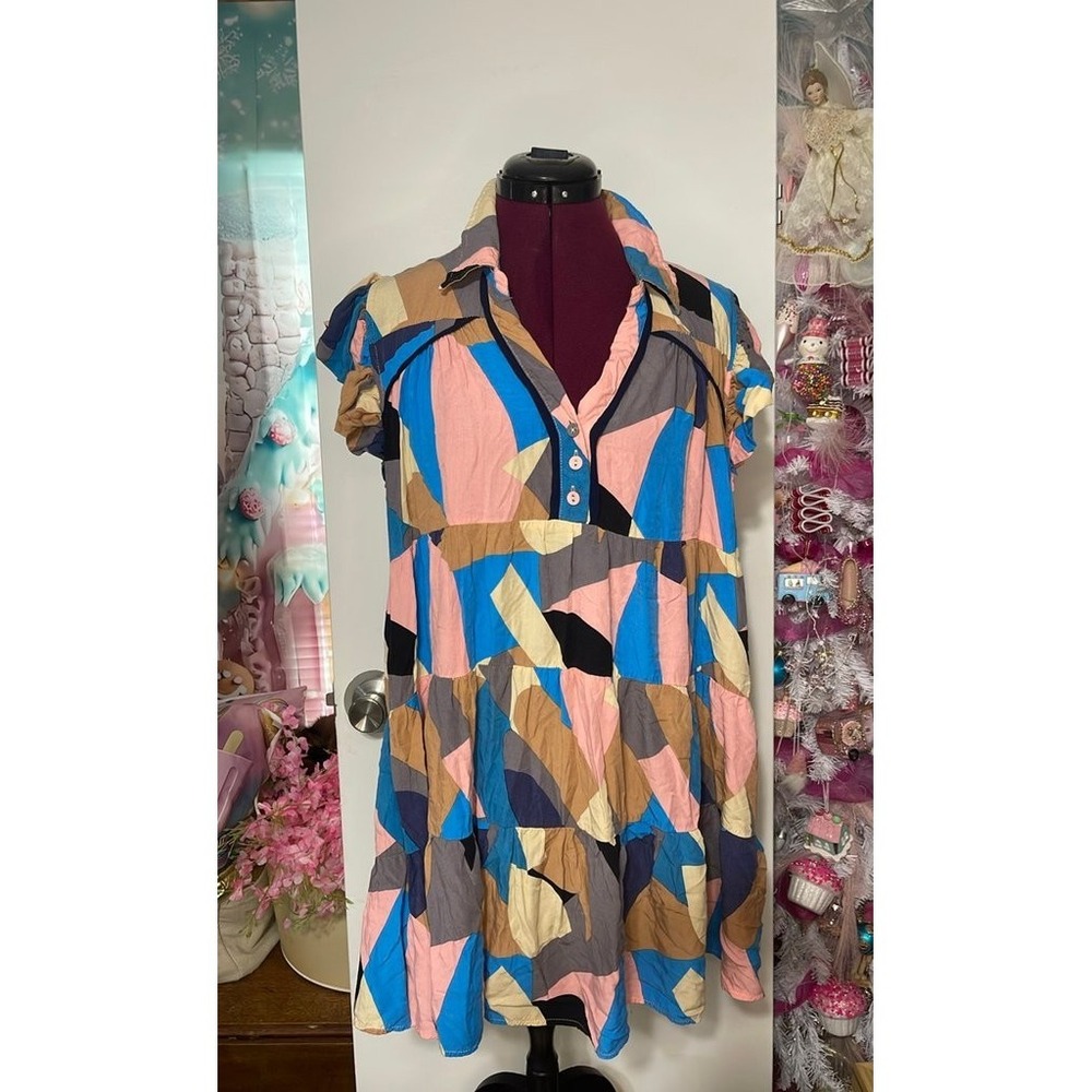 Umgee Babydoll Dress Women 2XL Multicolor Good Geometric Ruffle Tiered Mini